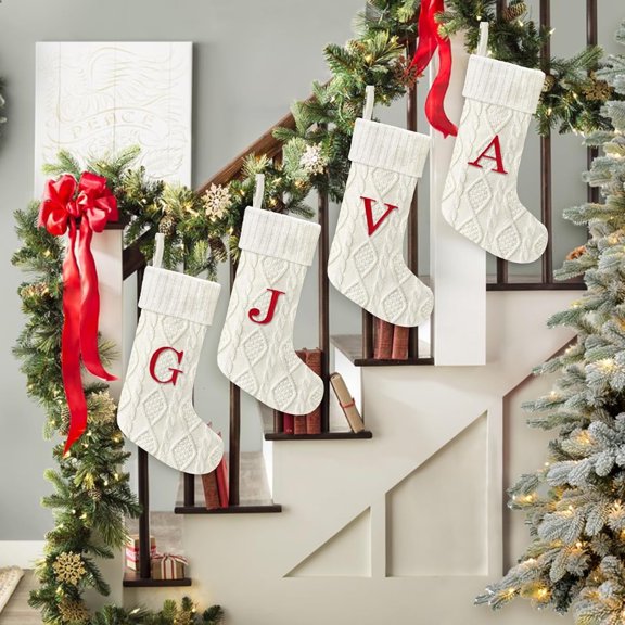Minzimin 21 Inches Knitted Christmas Stockings with Initials, Large White Custom Monogram Embroidery Christmas Stockings with Letter, Personalized Xmas Decoration for Holiday Family