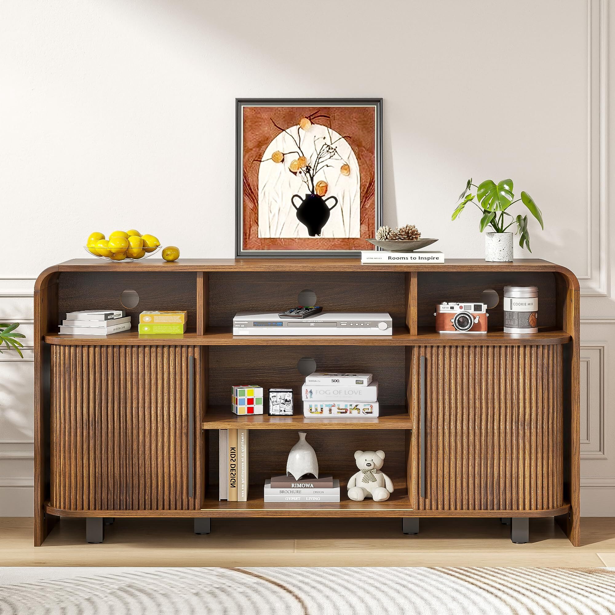 Fluted TV Stand for 55-65" TV, Small Mid Century Modern Media Console, Walnut Entertainment Center with Sliding Doors