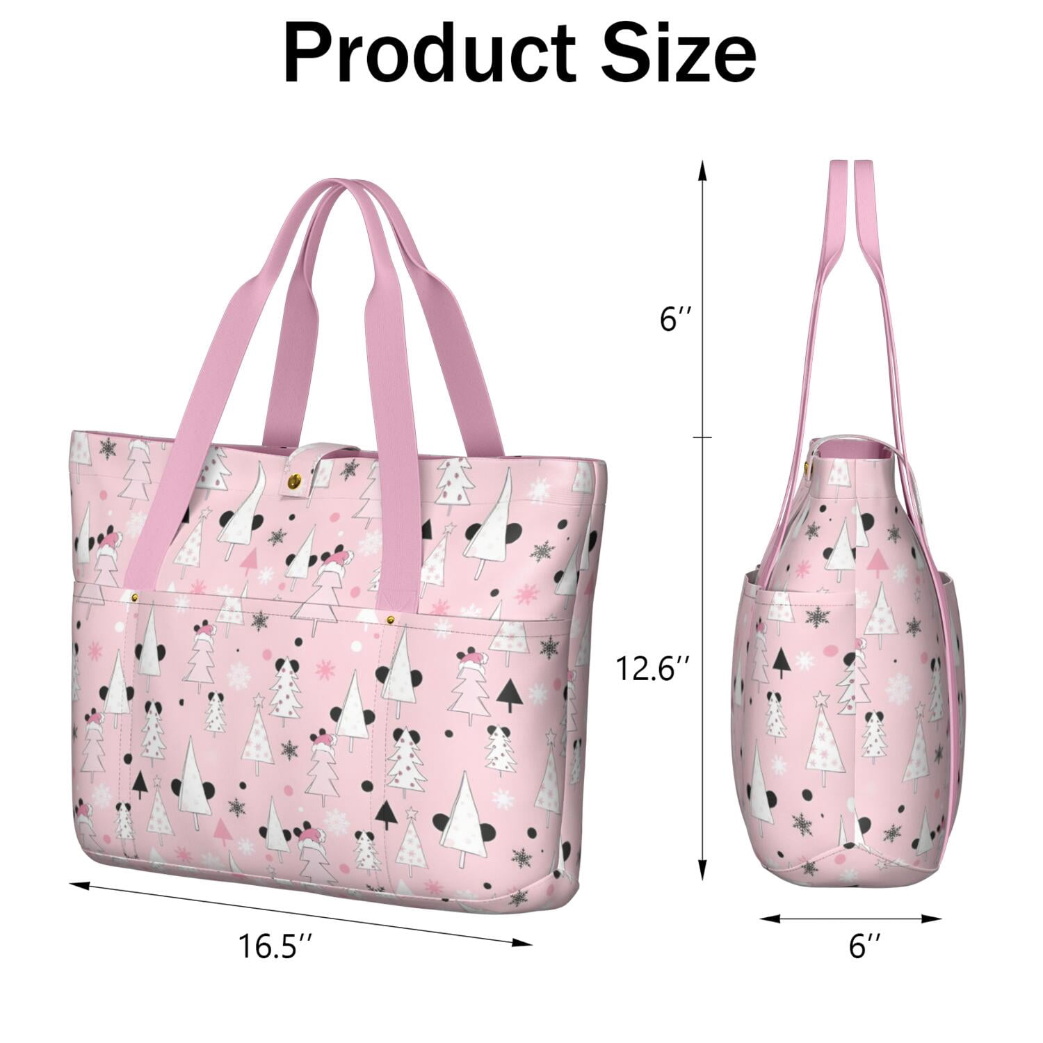 Tote Bag for Women - Pink Christmas Tree Pattern Shoulder Bag - Large Utility Work Duffle Bag with Zipper Handbag for Travel, Work, Sprots