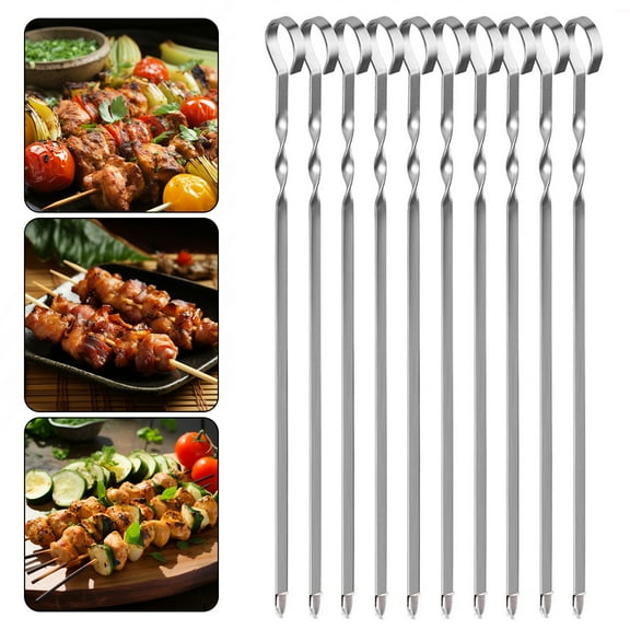 Kripyery Skewers for Grilling (10PCS) - Metal Skewers for Kabobs with Slider - BBQ Flat Skewers Stainless Steel for Meat Shrimp Chicken Veggie