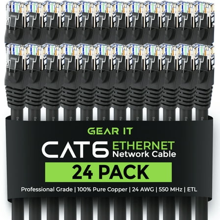 GearIT Cat 6 Ethernet Cable 1.5 ft 18-Inch (24-Pack) - Cat6 Patch Cable, Cat 6 Patch Cable, Cat6 Cable, Cat 6 Cable, Cat6 Ethernet Cable, Network Cable, Internet Cable - Black 1.5 Feet