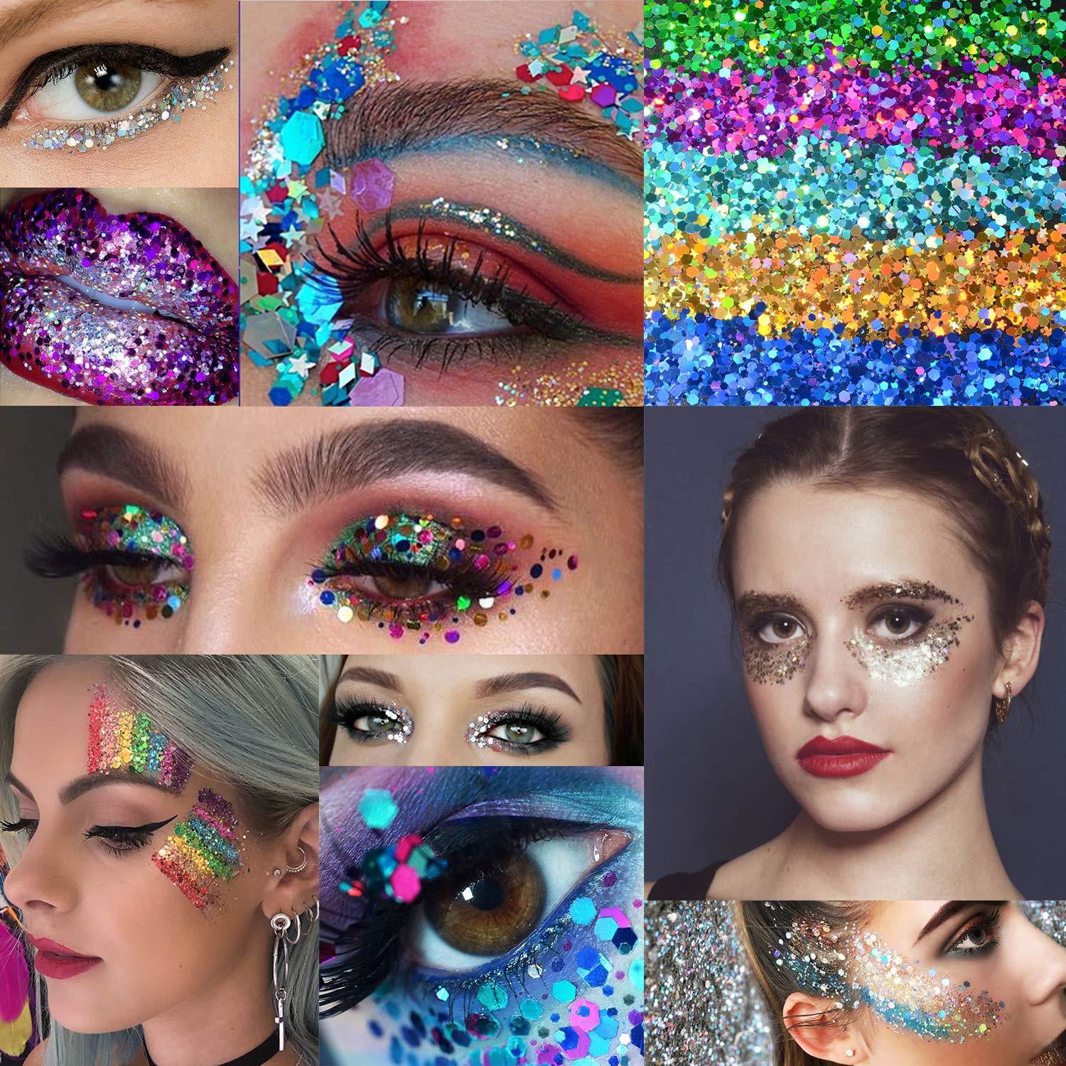 12 Colors of Holographic Chunky Glitter No Glue Attached, 12 Pots Total  120g Multi-Shaped for Body Hair Face Eyes Make-up, Nail Art and Bedazzling  in Party/Concert/Events Glitter 01-12 Colors No Glue