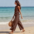 thumbnail image 7 of Women's Linen 2 Piece Outfits Boho Ruffle Sleeveless Tank Tops Baggy Wide Leg Pants Summer Casual Beach Vacation Sets, 7 of 7