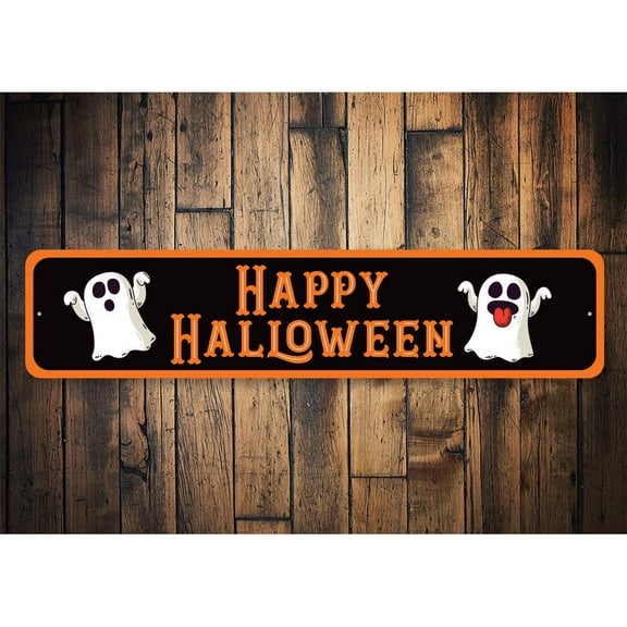 Happy Halloween Ghost Novelty Sign, Metal Wall Decor - 4x18 inches