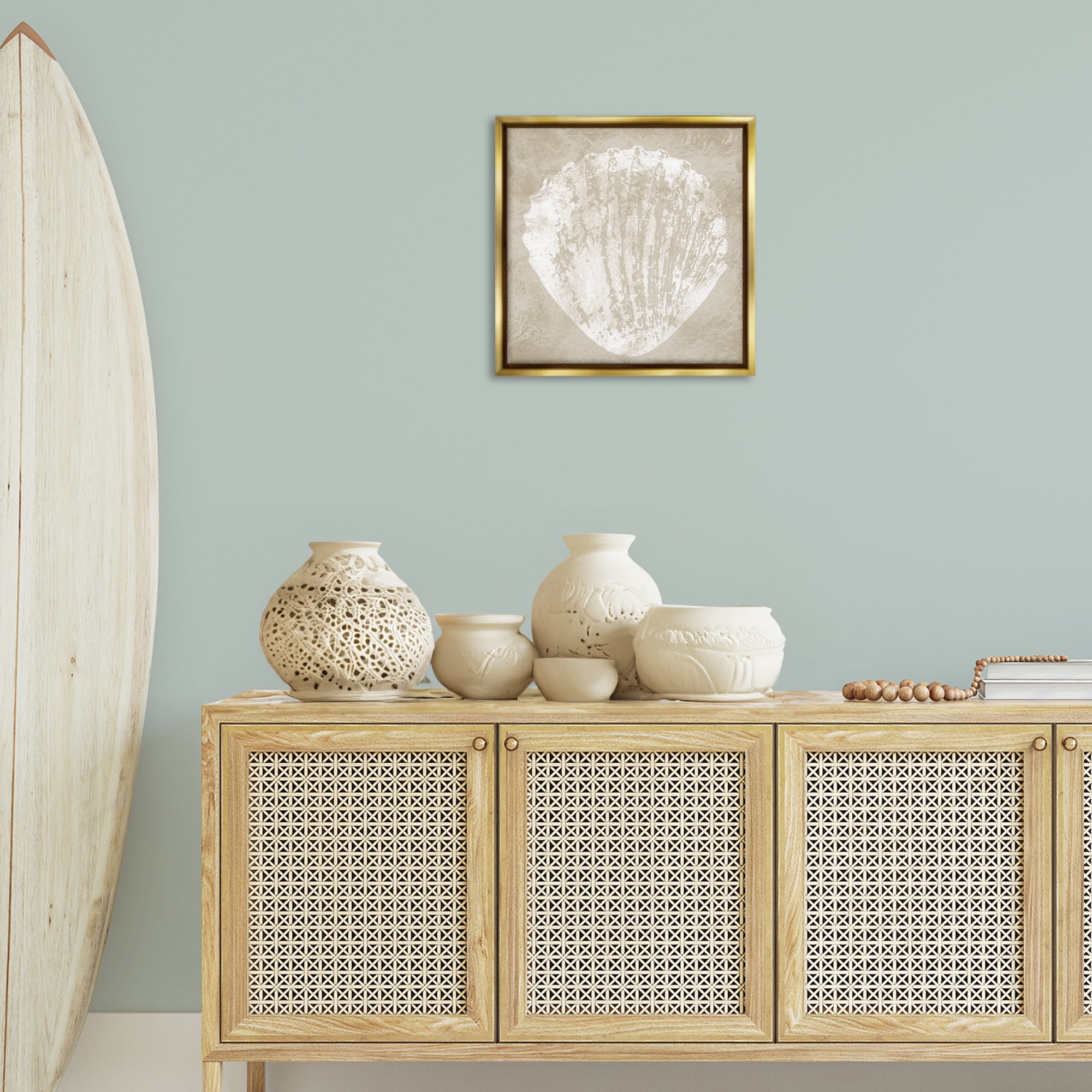 Stupell Industries Rustic Distressed Seashell Nautical & Beach Painting Gold Floater Framed Canvas Art Print Wall Art, 18 x 18