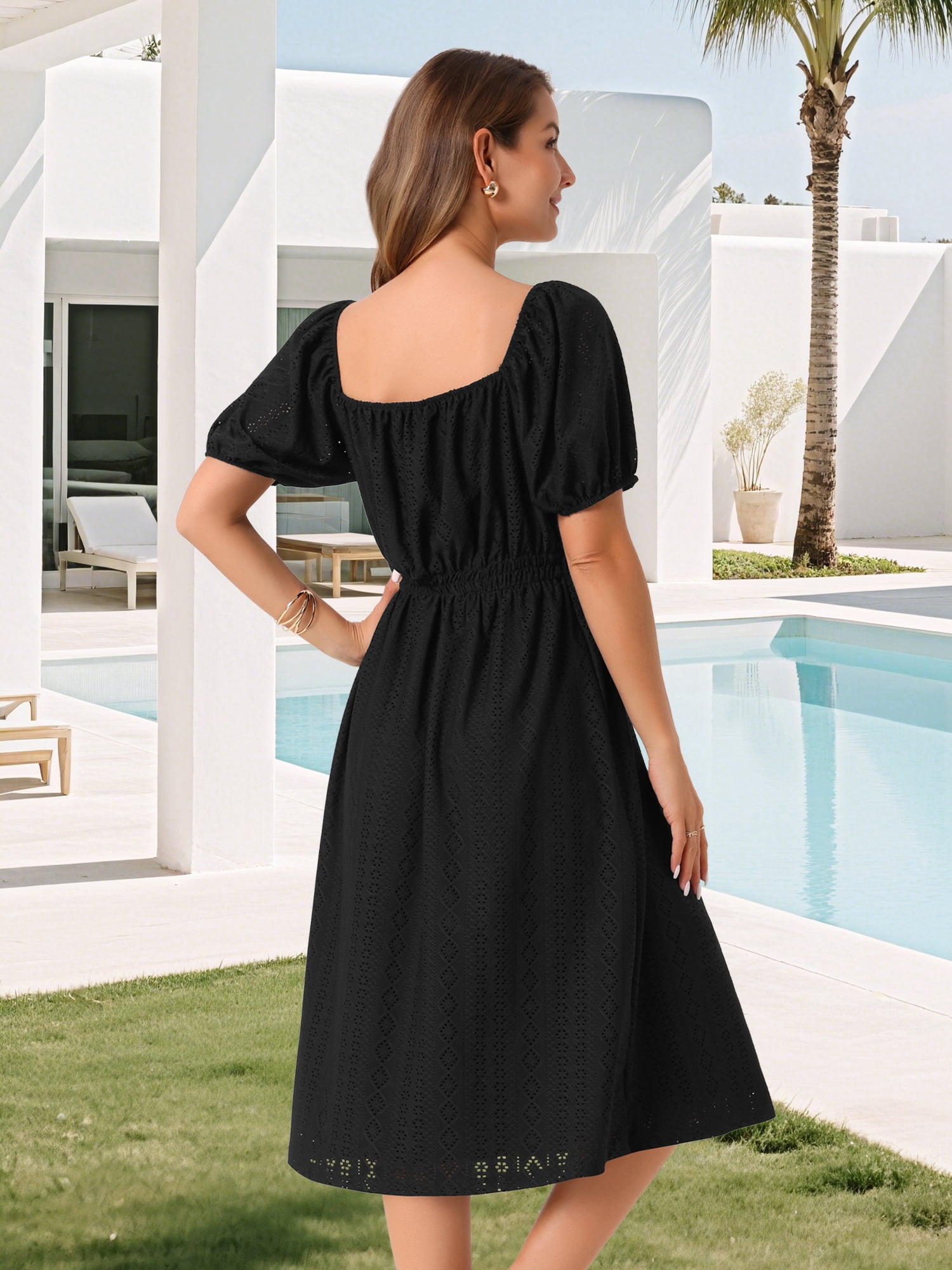 DARING DIVA Eyelet Square Neck Short Sleeve A Line Midi Dress M Black
