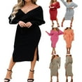 thumbnail image 4 of CNKOO Robes Élégantes pour Femmes Col en V Manches Chauve-Souris Dos Nu Fendu Robe Maxi avec Ceinture, 4 of 5