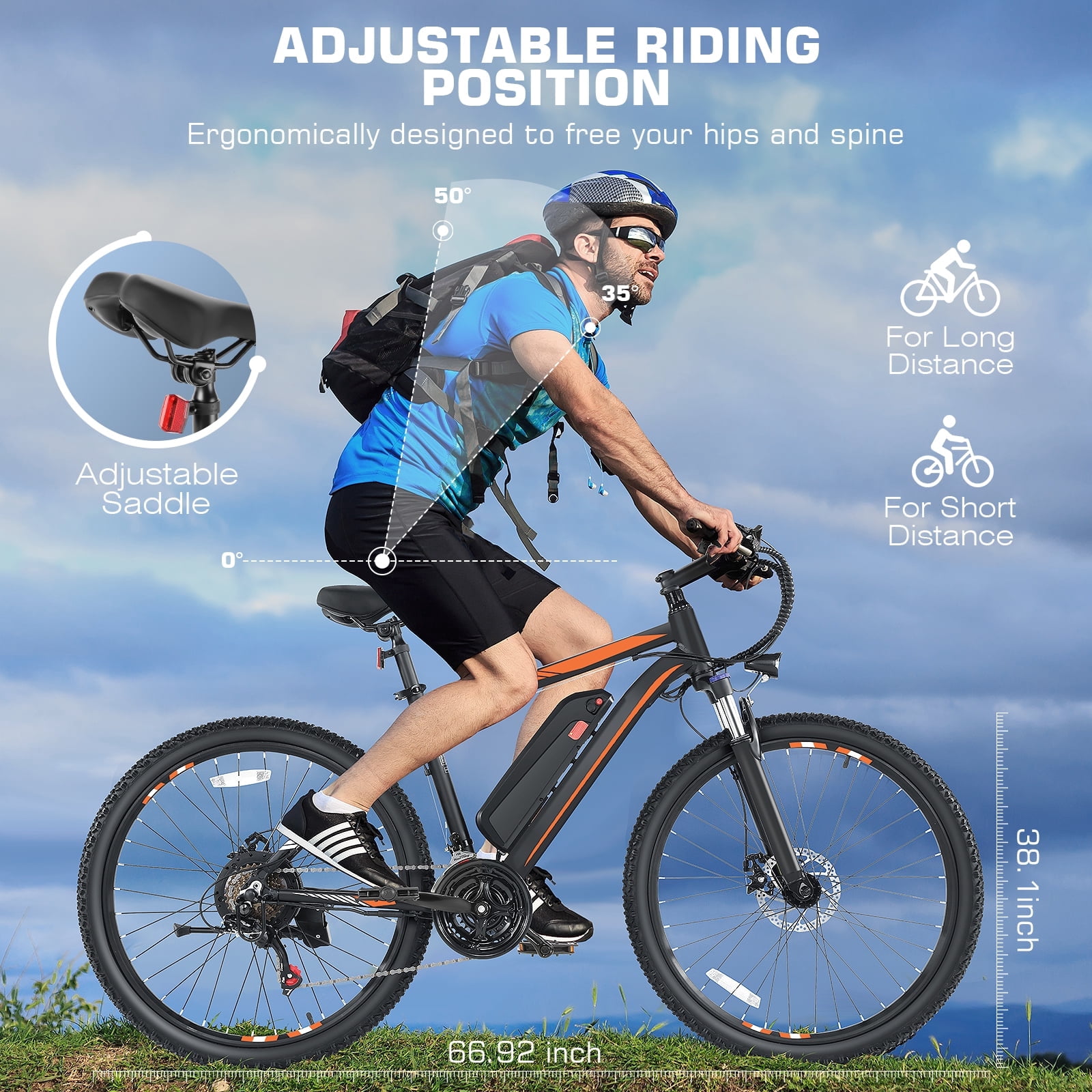 Elifine 500W Electric Bike 26" Electric Bike for Adults, 20mph Electric Mountain Bicycle, 48V Removable Battery Commuter Ebike, Adjustable 21-Speed Gears, Aluminum Alloy Frame UL 2849 Orange