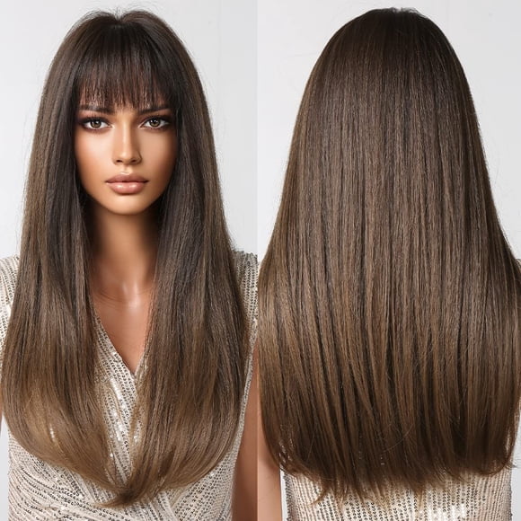 Long Straight Wigs for Women Long Layered Straight Wigs With Air Bangs Synthetic Wigs Natural Looking Hair Replacement Cosplay Wigs for Girls Perruques A14
