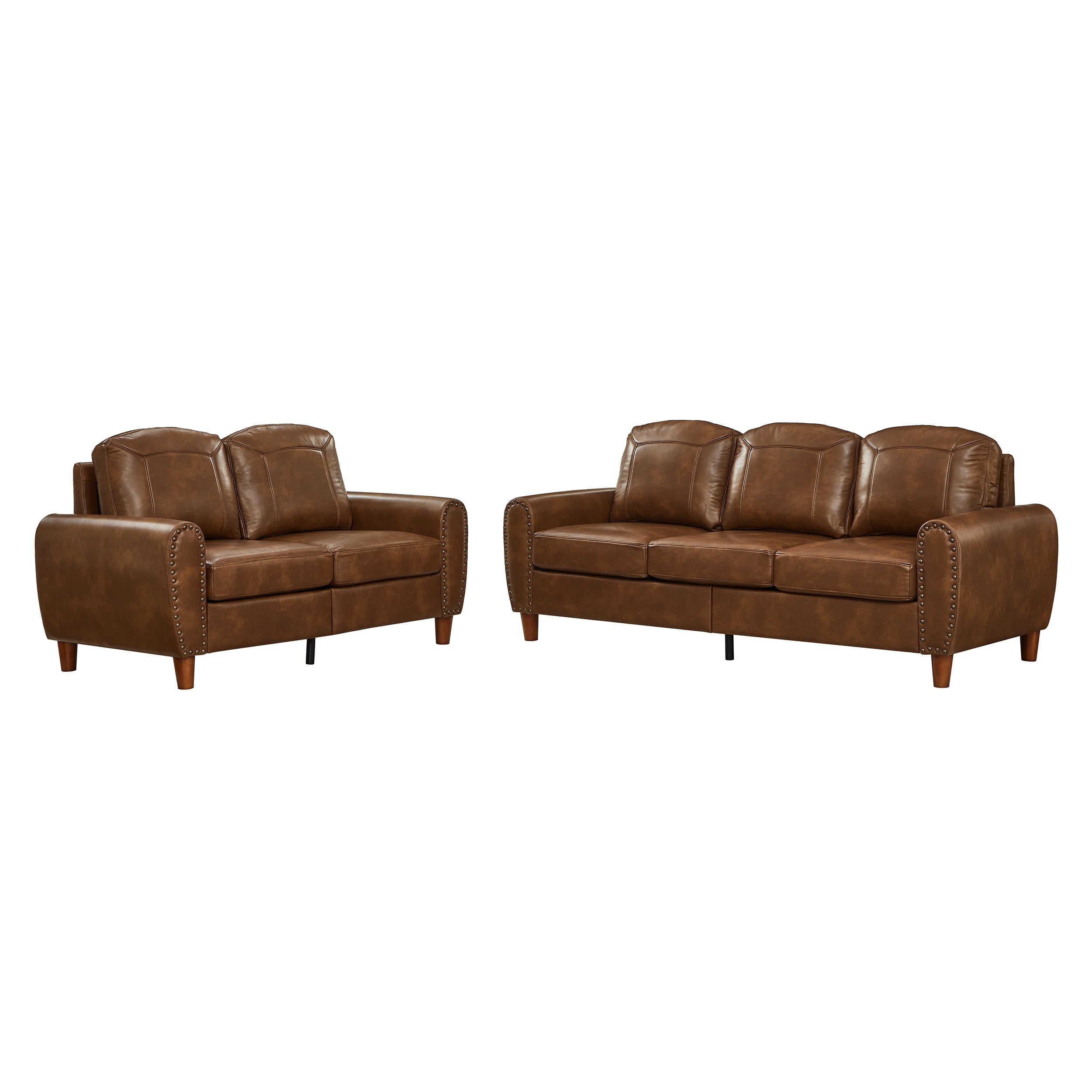 2-Piece Faux Leather Sofa Set,Classic Rolled Arm Loveseat & 3-Seater Sofa Couch with Brass Nailhead Trim & Solid Wood Legs,Apartment,Living Room,Brown