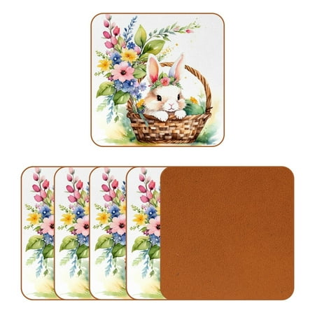 

YZUOUZY Coasters Table Decor Pack of 6 Square Personalized Coasters Bunny Flower Trumpet Flower