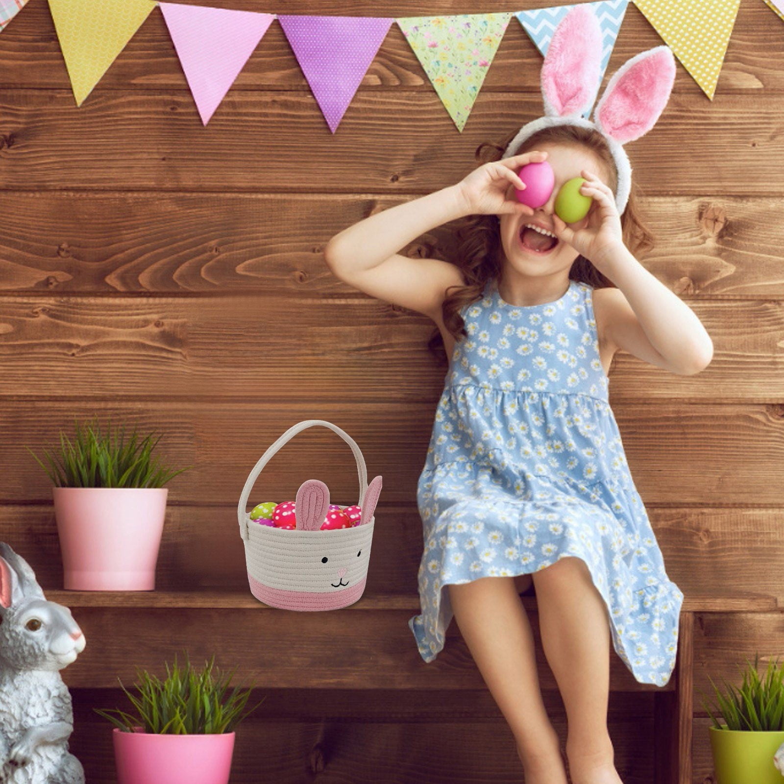 Easter Basket with Handle, Rustic Cotton Handle Bunny Storage Basket, for Easter Egg Hunts, Picnics, and Desktop Storage, Ideal for Kids and Toddlers