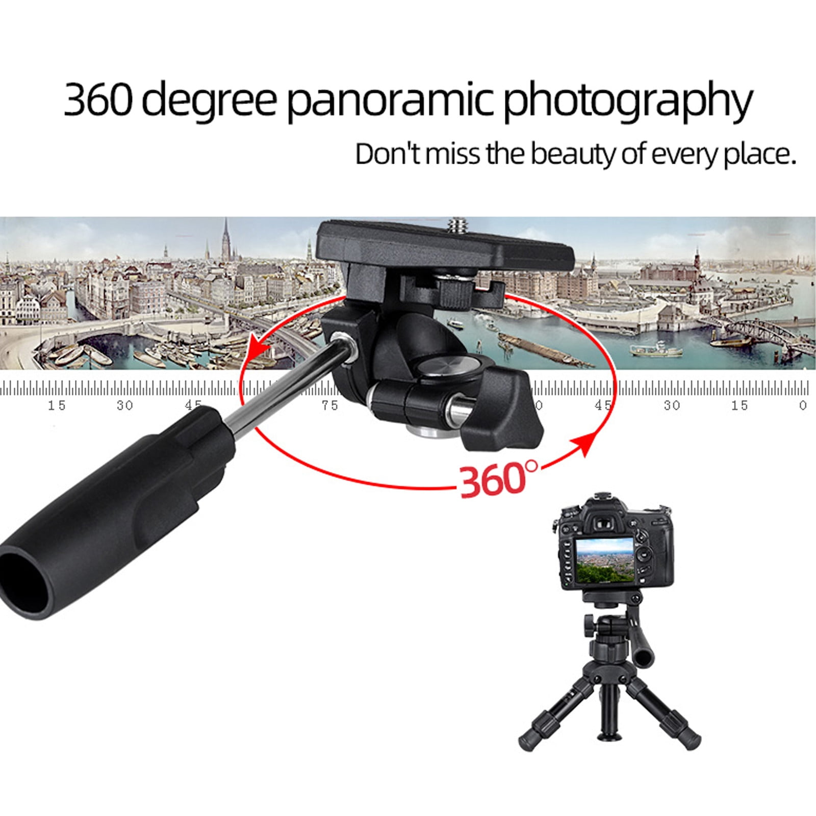 Mini Desktop Tripod Kit with 3-Way Panoramic Head – Portable Aluminum Camera Stand with Phone Holder, 360° Rotation, Adjustable Height, Compatible with DSLR, Mirrorless, Smartphone