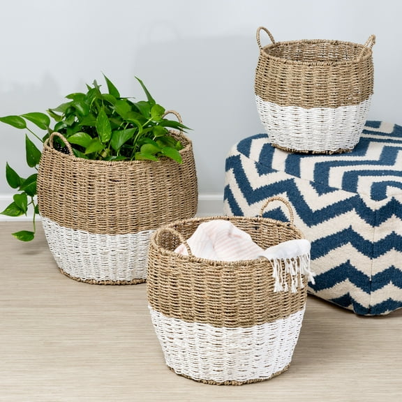 Honey-Can-Do Seagrass Wicker Set of 3 Round Nesting Baskets with Handles, Natural/White