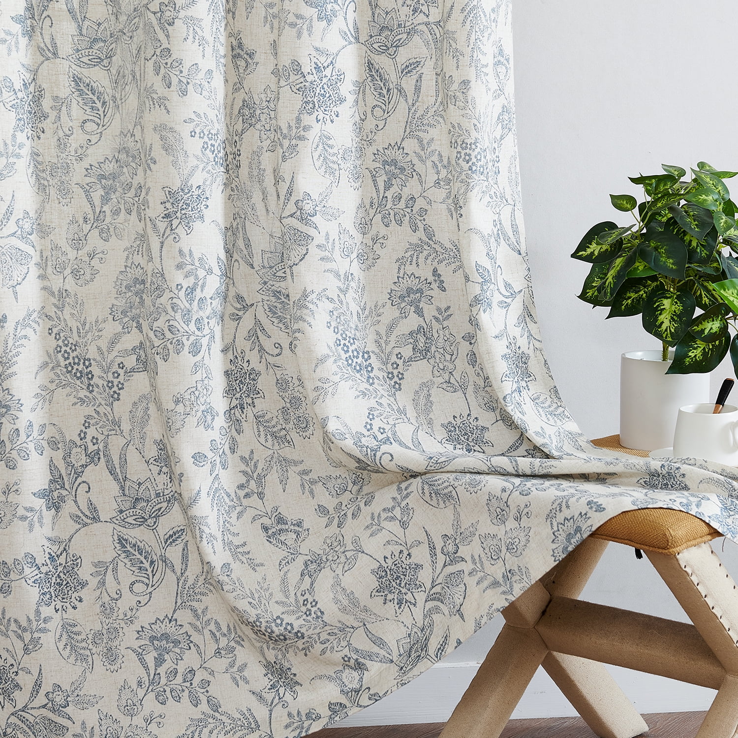 Curtainking Floral Curtains Linen Farmhouse Curtains for Living Room 84 inch Country Curtains Grommet Top Semi Sheer Curtains Light Filtering 2 Panels Blue on Beige