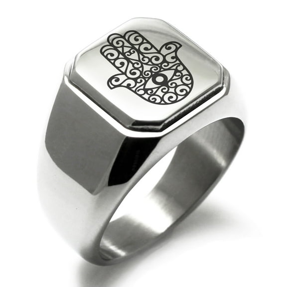 Stainless Steel Filigree Hamsa Hand of Fatima Engraved Square Flat Top Biker Style Polished Signet Ring