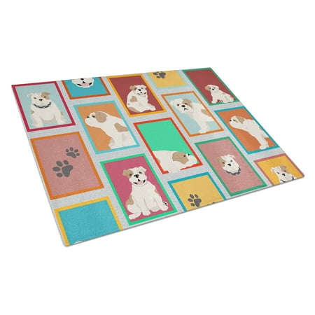 

Lots of Piebald English Bulldog Glass Cutting Board Large 12 in x 15 in