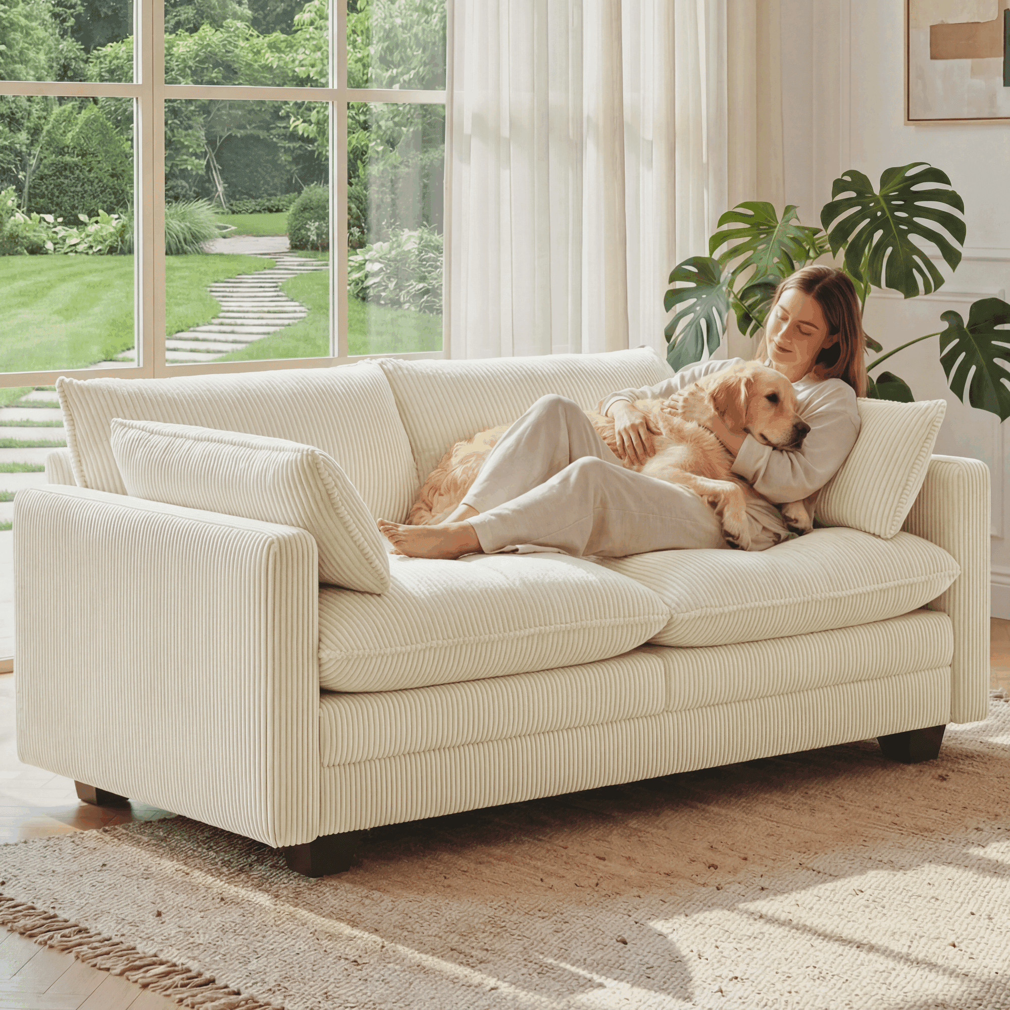 Asofer 75" Loveseat Corduroy Cloud Sofa, Deep Seat 2 Seater with Washable Cushion & 2 Pillows for Living Room Apartment, Beige