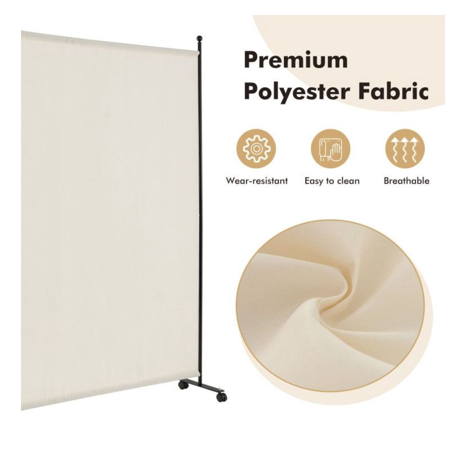 Yunken Single Panel Rolling Room Divider with Smooth Wheels, 6 Ft Tall Mobile Privacy Screen for Home & Office