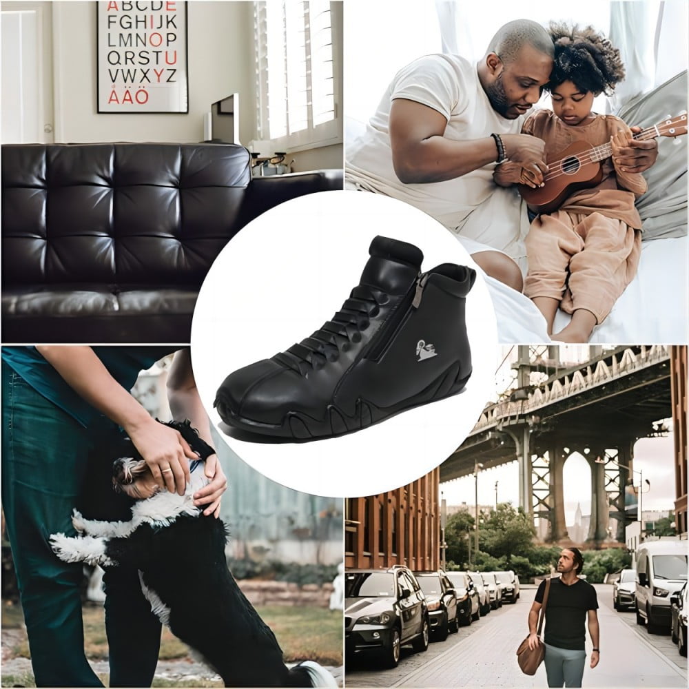 Men's Casual Loafers Leather Hand-stitched Lightweight Non-Slip Breathable Hiking Outdoor Soft Flat Boots Mid-Top Shoes Black 5 US