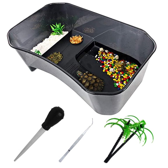 Plastic Turtle Tank Reptile Habitat Pet Terrariums Turtles Tank Aquarium Terrapin Topper Basking with Platform Plants,Durable,Safe, Non-Toxic(White)
