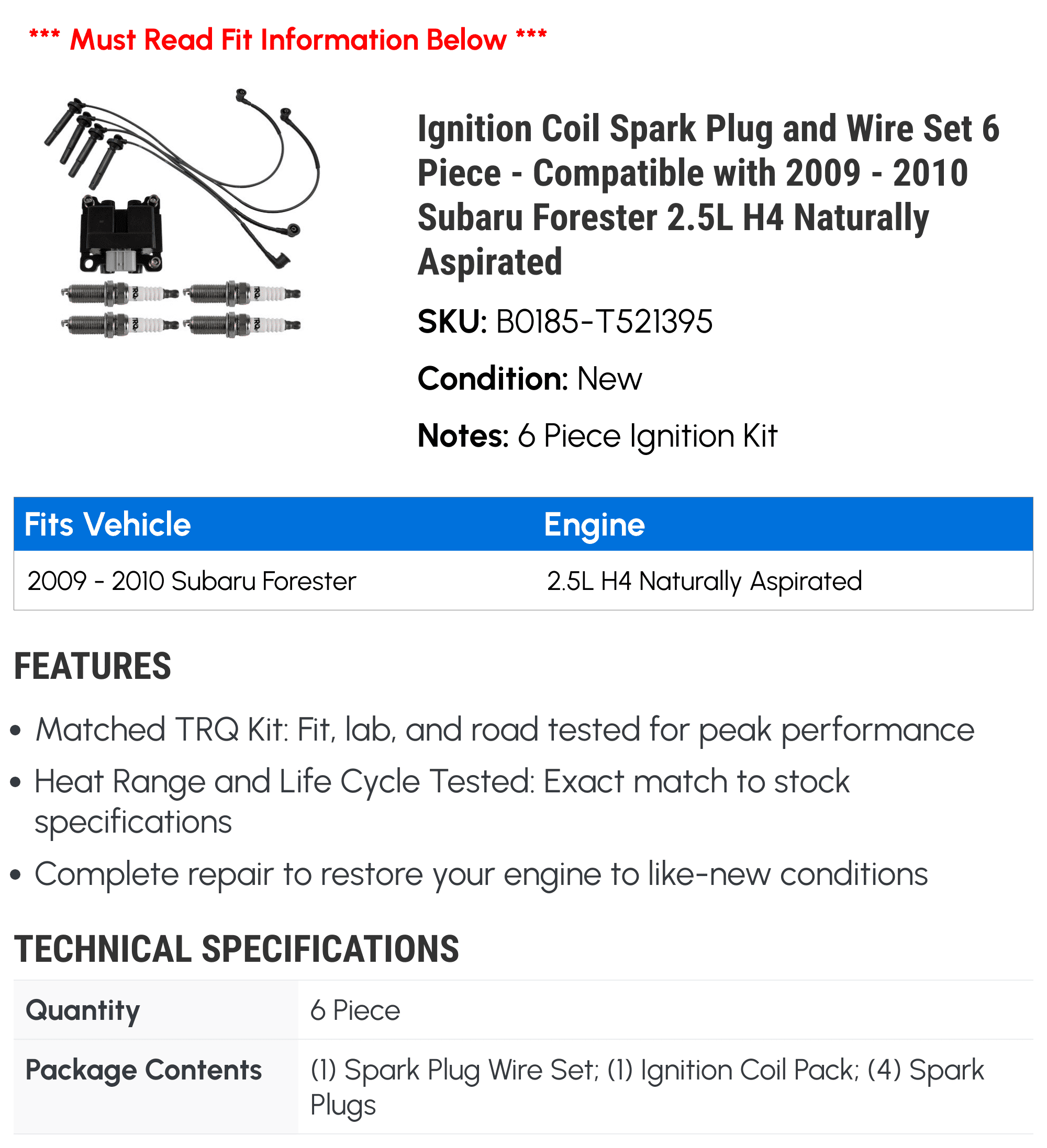Ignition Coil Spark Plug and Wire Set 6 Piece - Compatible with 2009 - 2010 Subaru Forester 2.5L H4 Naturally Aspirated