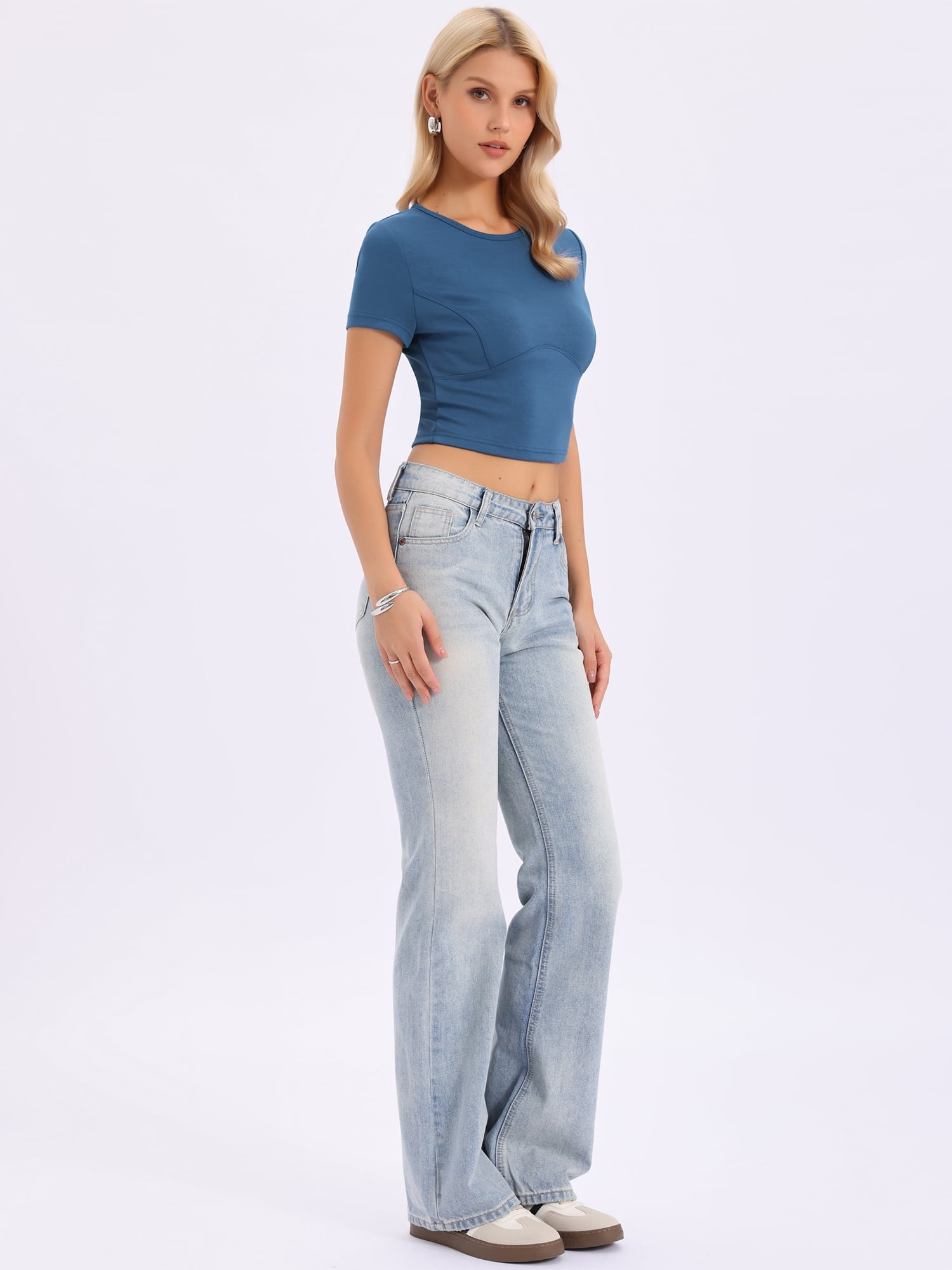 DARING DIVA Women's Crop Tops Tight Shirts Streetwear Slim Fit Trendy Top M Gray Blue