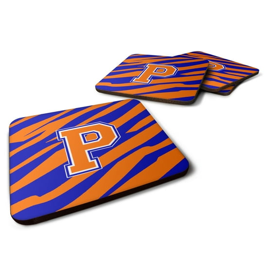 Letter P Initial Tiger Stripe - Blue Orange  Foam Coaster Set of 4
