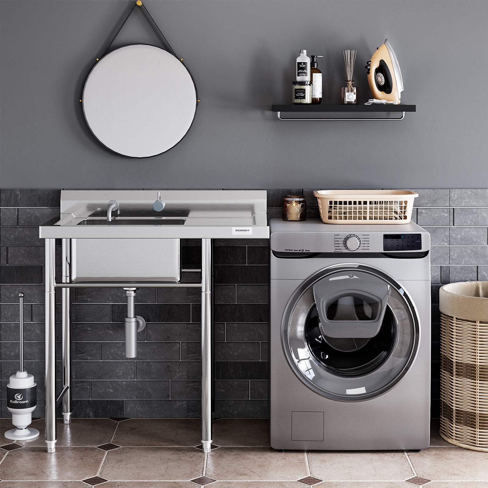 Simzone Stainless Steel Utility Sink with Drainboard,[Wide Compartment