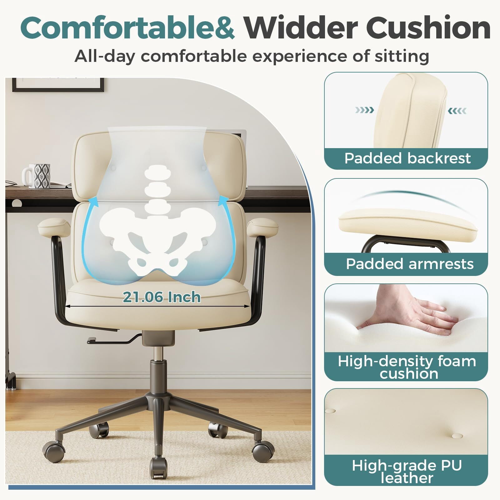 Kelno Ergonomic PU Leather Office Chair 350lbs Capacity High Back Computer Chair with Lumbar Support Adjustable Rolling Swivel Task Chair, Beige