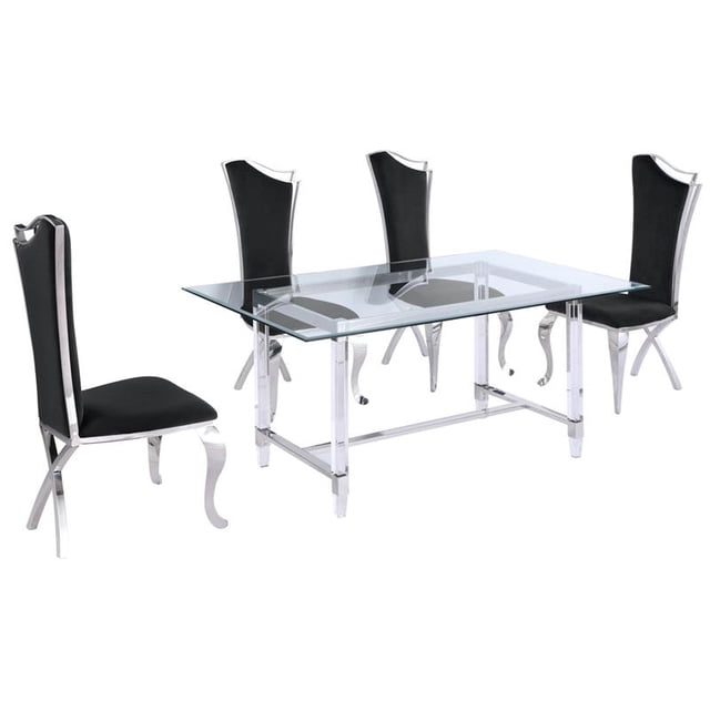 5pc. 68 "x 40" Ensemble de Dînette en Verre avec 4 Chaises et Acier Inoxydable Argenté