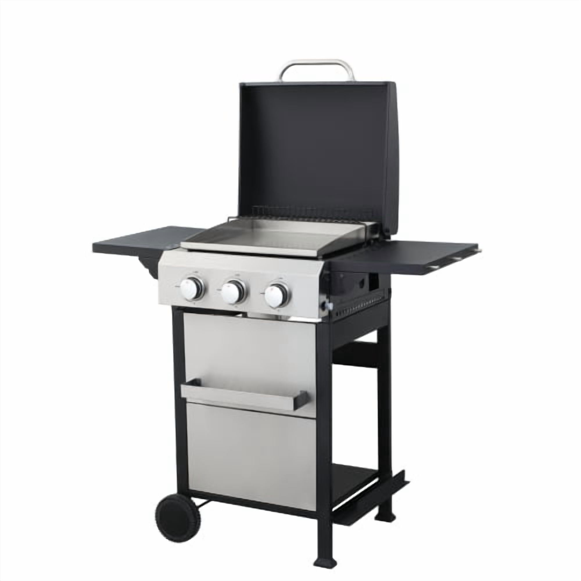3-Burner Propane Grill with SS Plancha Griddle, 36,900BTU Outdoor BBQ, Enamel Cooking Grids & Foldable Side Table, Hanging Basket, Black+Silver