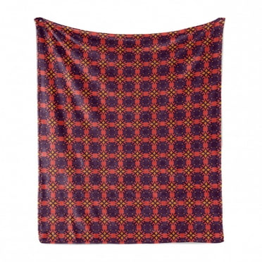 Abstract Soft Flannel Fleece Throw Blanket, Autumn Tones Style Continuous Abstract Vintage Inspired Illustration, Cozy Plush for Indoor and Outdoor Use, 60" x 80", Plum and Dark Coral, by Ambesonne