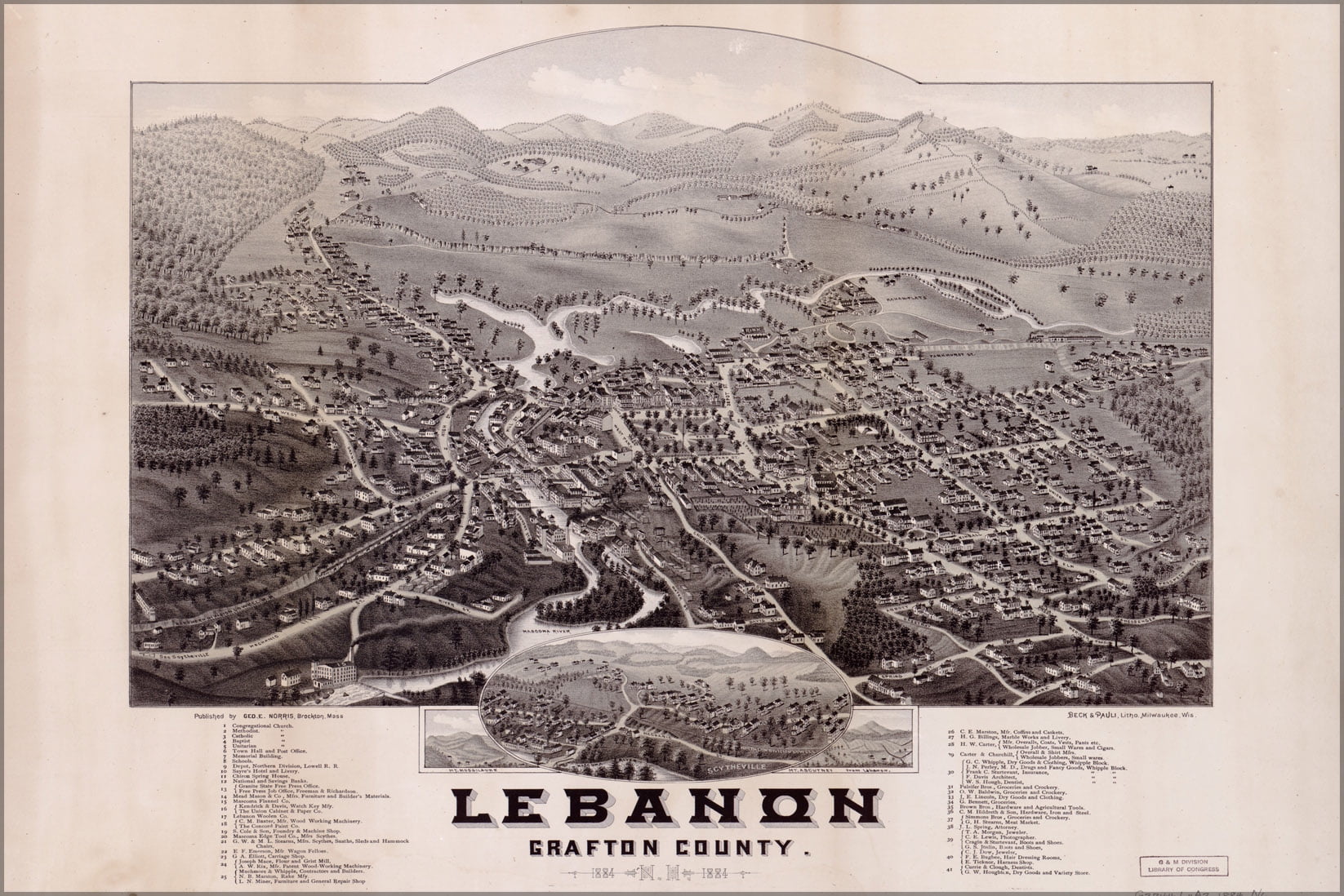 24"x36" Gallery Poster, map of Lebanon Grafton County New hampshire