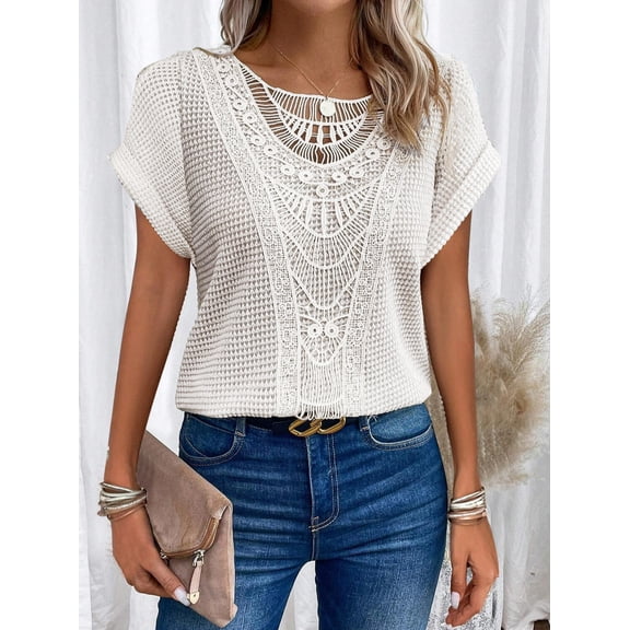 Leisure Loose Fitting Women's Solid Color Lace Patchwork Short Sleeved T-shirt Pullover Women's Clothing