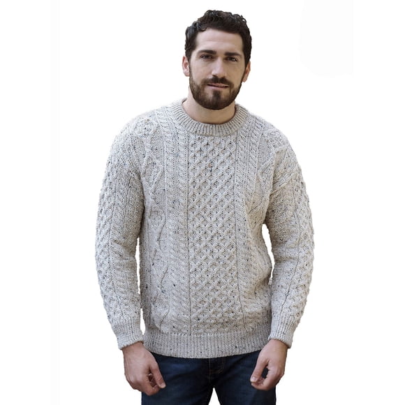 Aran Crafts Irish Soft Cable Knitted Wool Crew Neck Unisex Sweater (C1347-MED-SKI)