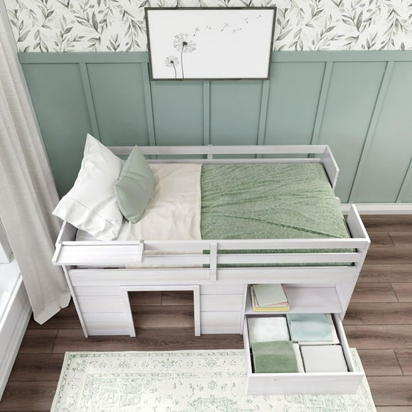 BEDSMART Loft Bed Twin Size, Solid Wood Low Loft Bed with Storage Drawer and Ladder, Modern Farmhouse Loft Bed for Kids, White Wash