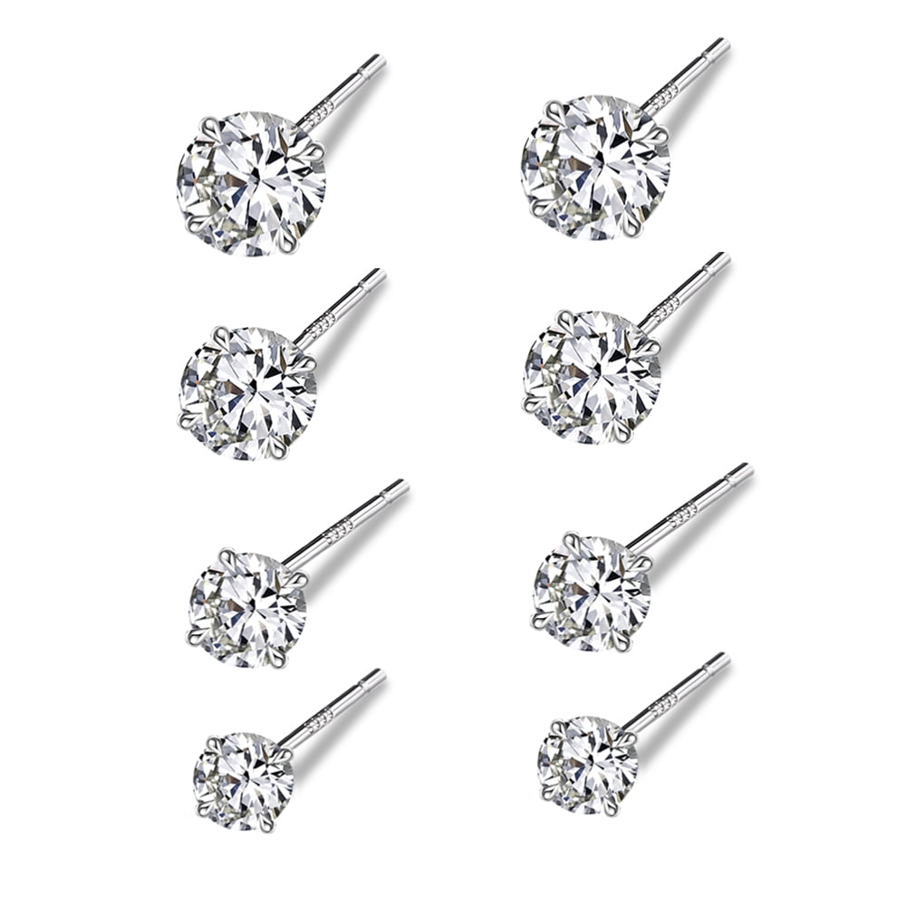4 Pairs 925 Sterling Silver Tiny Stud Earrings Set Cubic Zirconia Stud