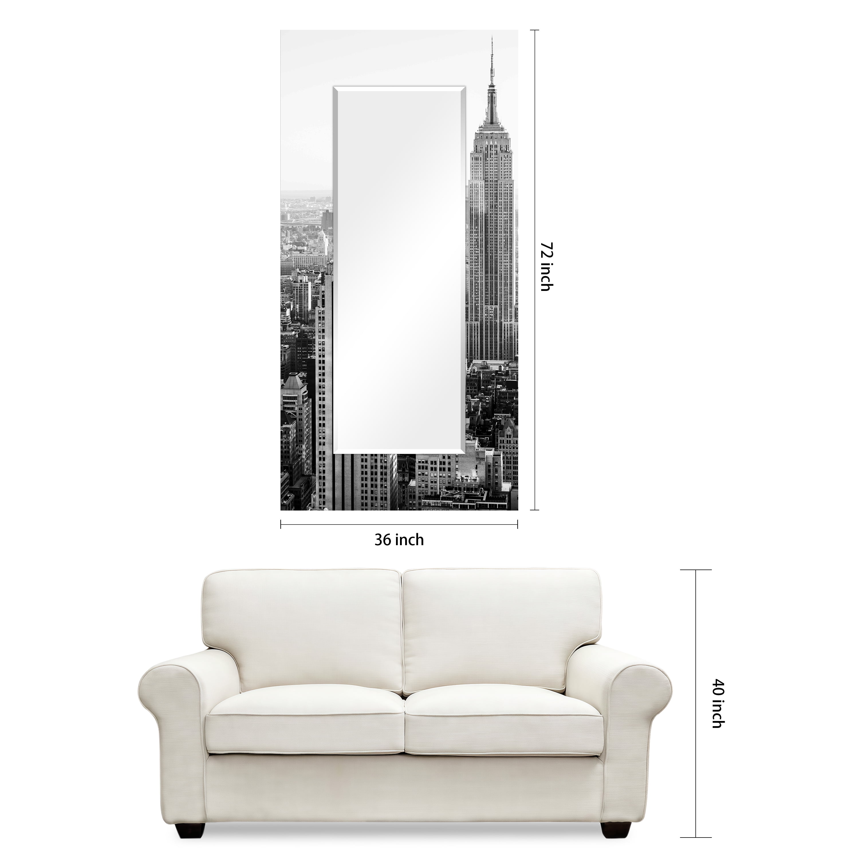 Empire Art Direct My N.Y. Rectangular Beveled Mirror on Free Floating Reverse Printed Tempered Art Glass, 72" x 36" x 0.4", Ready to Hang