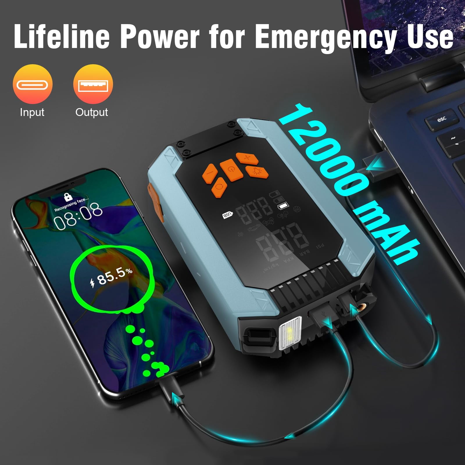 Portable Car Jump Starter 4000A Peak 12V with Air Compressor (150 PSI), Smart Jumper Cables, LED Light and LCD Display