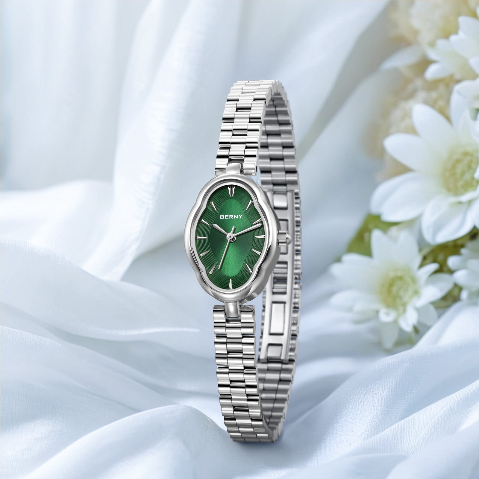 BERNY Small Silver Watches for Women Dainty Vintage Ladies Analog Quartz Bracelet Watch, Adjustment Tool Included Stainless Steel Waterproof, Fashion Luxury Womens Wrist Watches Gifts (Green)