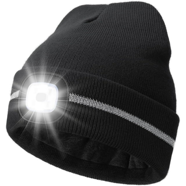 Chapeau à Rayures Réfléchissantes Doublé de Polaire avec Lumière, USB C Rechargeable Sécurité Haute Visible LED Bonnet Adapté pour la Course, Noir