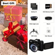 4K Vlogging Camera for YouTube 48MP Digital Camera for Photography with 180°Flip Screen, 16X Digital Zoom Manual Focus Students Camera, Wide Angle & Macro Lens, 64GB SD Card, 2 Batteries (black)