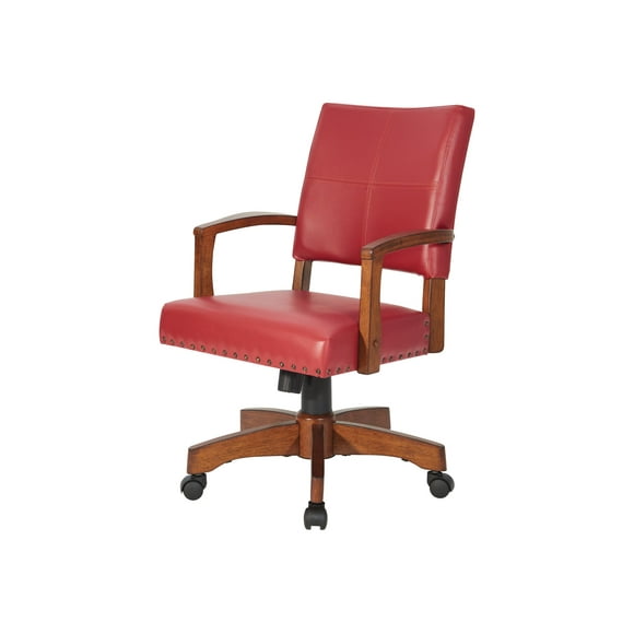 OSP Home Furnishings Deluxe Wood Bankers Desk Chair with Faux Leather and Antique Bronze Nailheads, Red