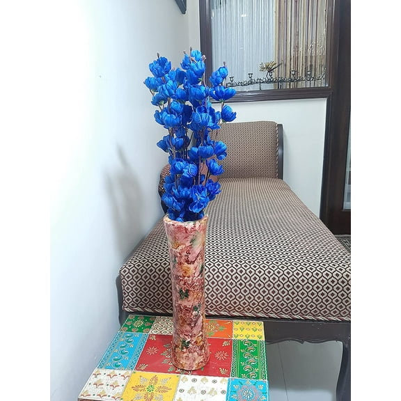 India Meets India Handmade Wooden Flower Vase w/ 7 Blue Artificial Flowers Sticks [12" Pink Vase] Decorative Flower Vase for Home Décor/Living Room/Office/Table Top/Dining Area and Windowsill Décor