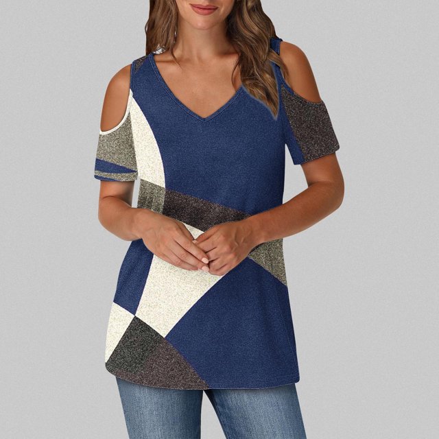 Soki Womens Tops Color Blocked Printed Short Sleeved V-Neck Off Shoulder Fashionable Summer Clothes