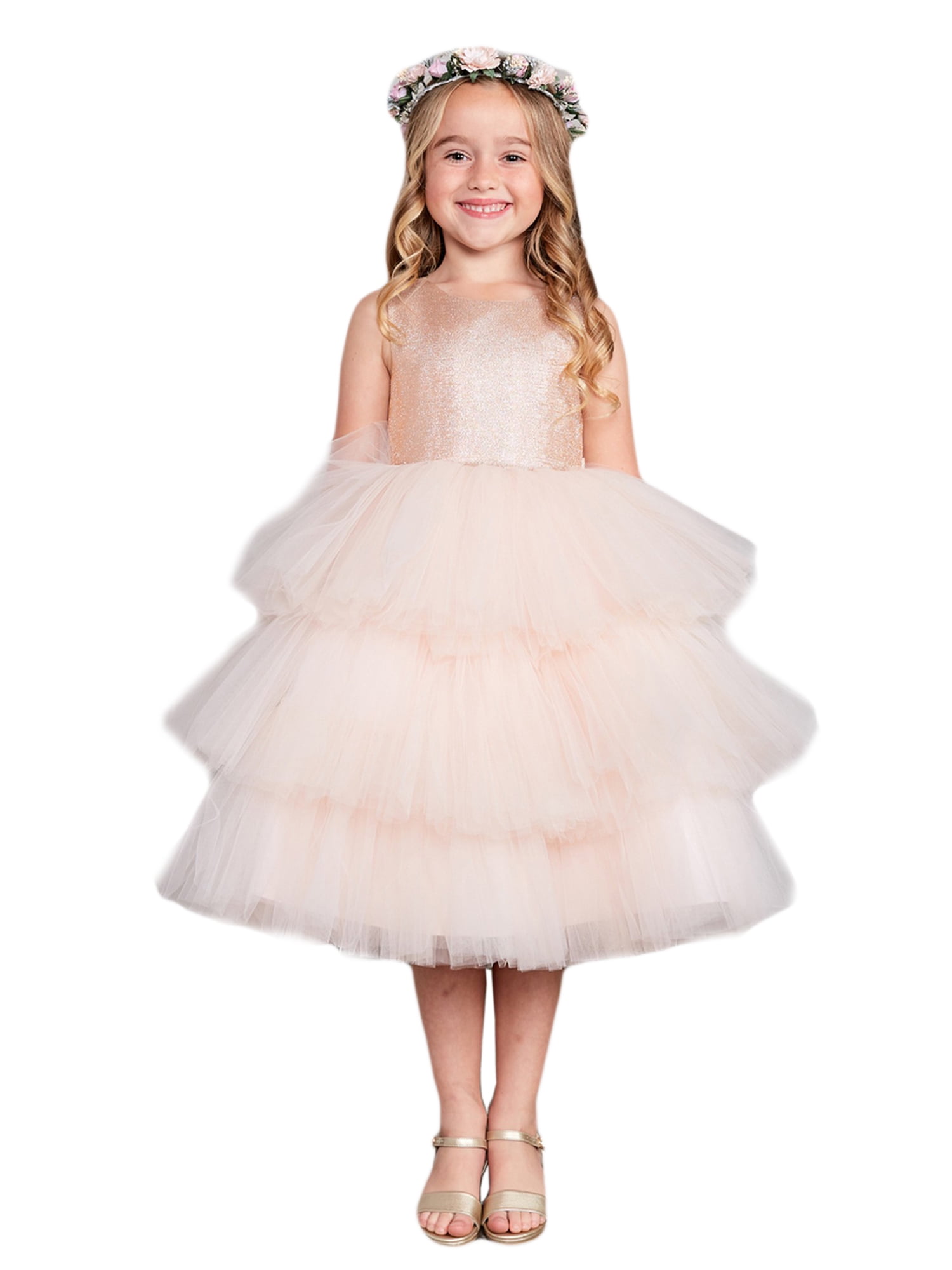 Rose Gold Metallic Glitter Layered Tulle Flower Girl Dress Little Girls