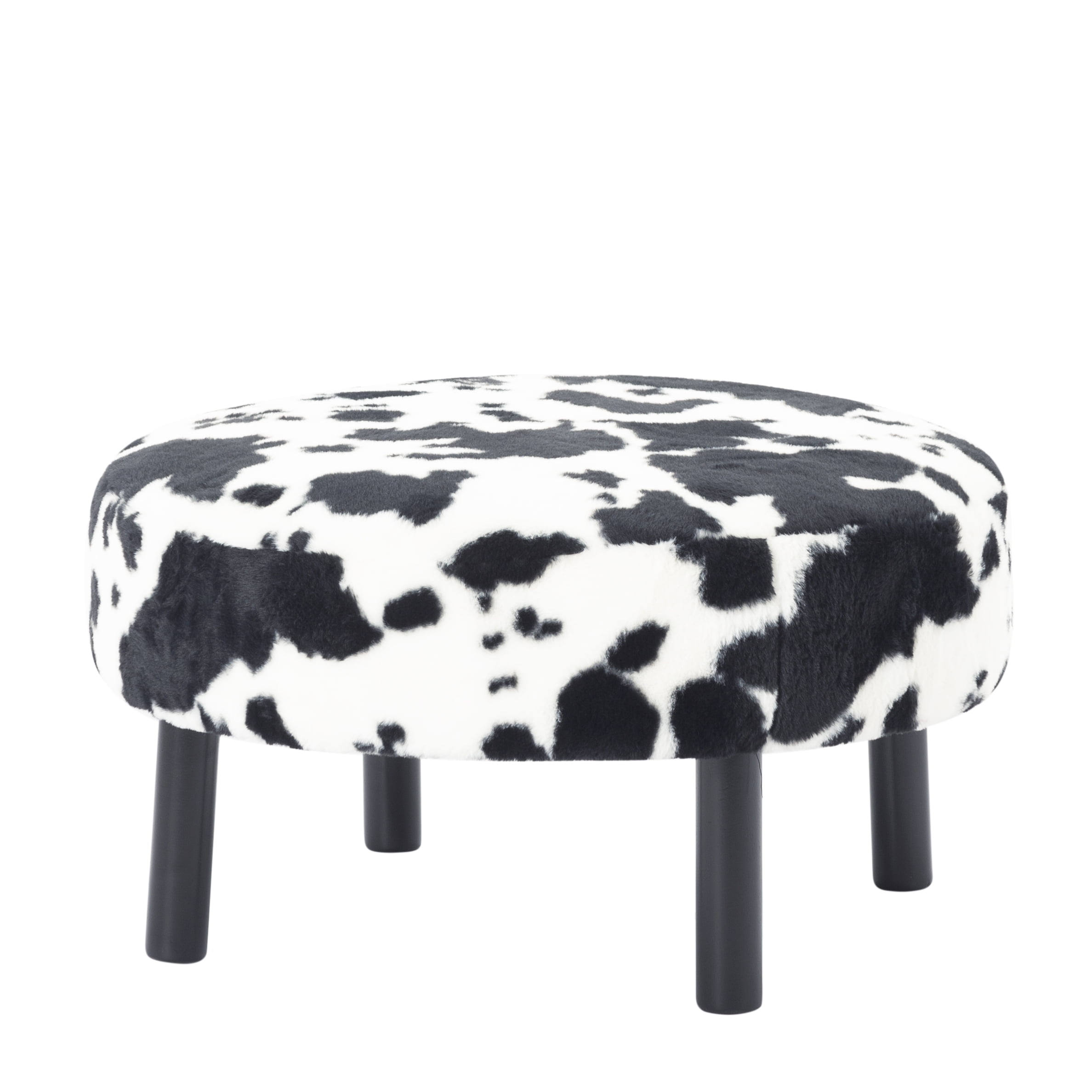 BSHTI 27.56 Inch Plush Round Ottoman with Faux Rabbit Fur, Sturdy Solid Wood Legs for Living Room, Accent Seat & Footrest(Cow Print)