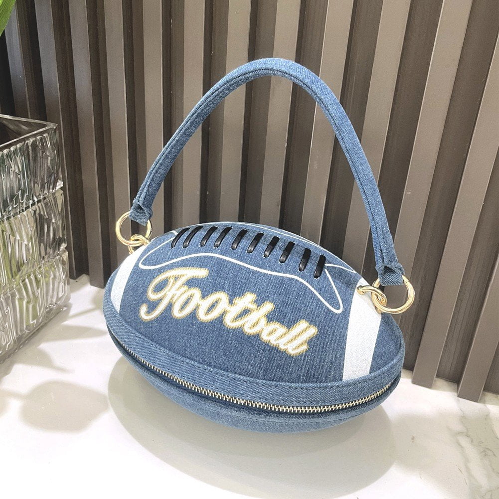 Jiibva Women American Football Shaped Crossbody Bag Denim Shoulder Bag Rugby Clutch Handbag Unique American Football Purse for Lady