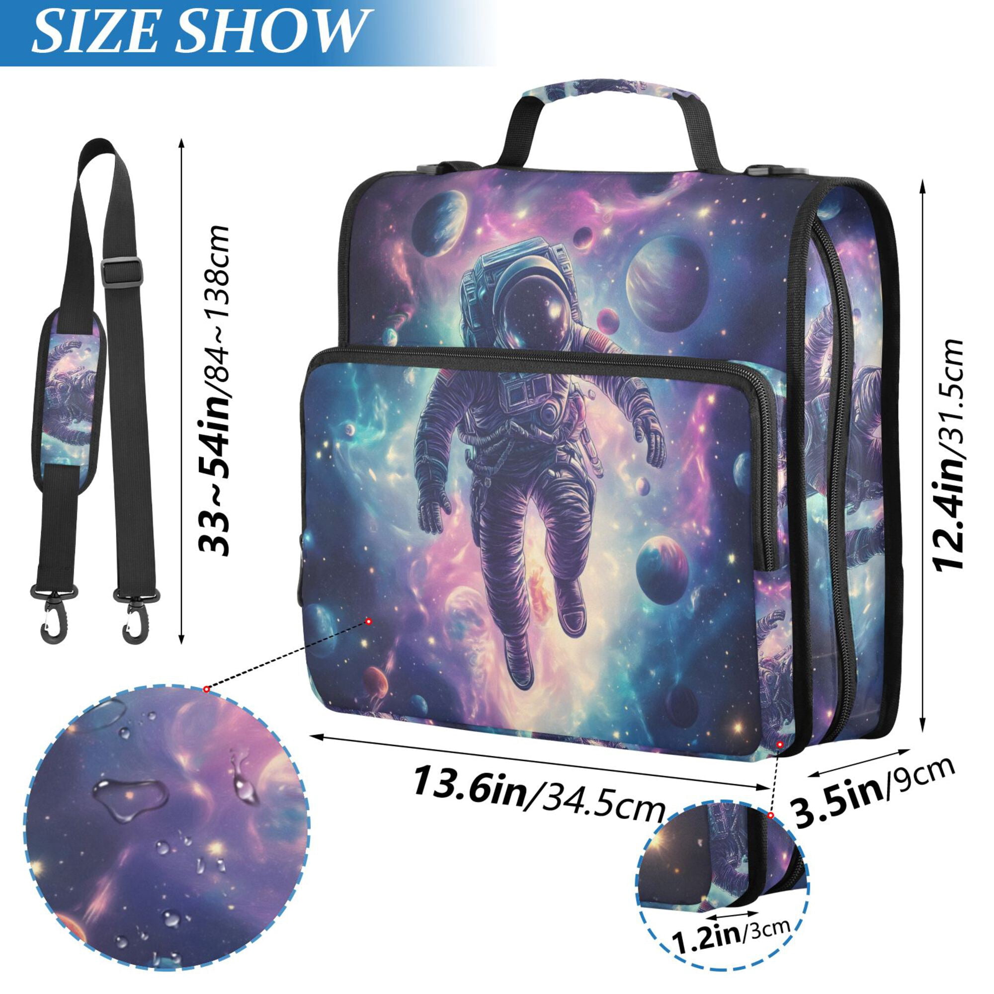 FORMRS Zipper Binder with Shoulder Strap 2-inch Ring 500 Sheet Capacity File Bag, Astronaut Pattern